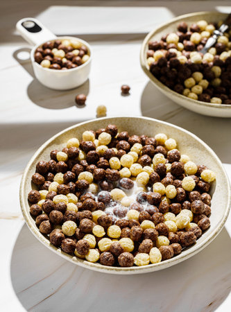 chocolate cereal flakes balls with milk.Breakfast. High quality photo