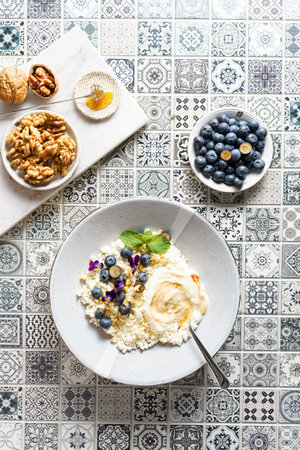 cottage cheese with blueberries and honey. High quality photo