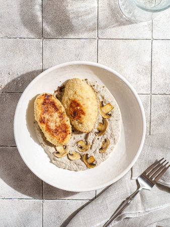 cutlets with mushroom puree and champignonsの写真素材