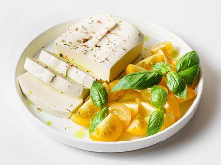feta cheese with yellow tomatoes and basil. High quality photoの写真素材