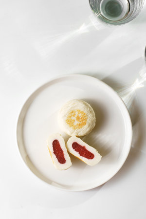 pancakes with fruit on a white plate. High quality photoの写真素材