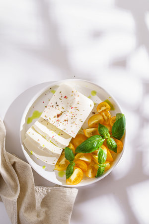 feta cheese with yellow tomatoes and basil. High quality photo