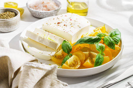 feta cheese with yellow tomatoes and basil. High quality photo