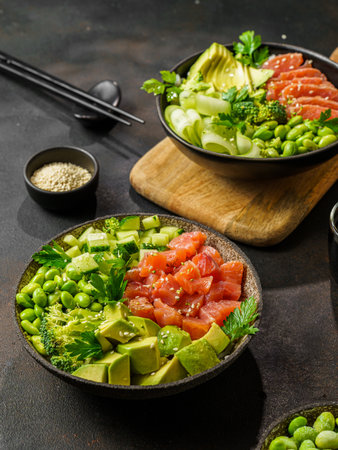 salmon, avocado and edamame bean bowlの写真素材