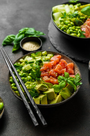salmon, avocado and edamame bean bowl