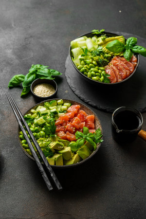 salmon, avocado and edamame bean bowlの写真素材