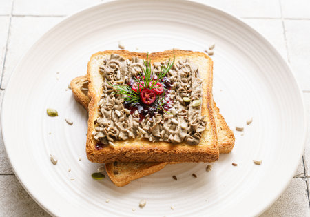 toast with chicken pate and cranberries on a grey background. High quality photoの写真素材