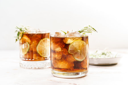 whiskey and coke, garnished with lime and sugar rosemary. High quality photoの写真素材
