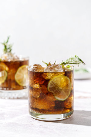 whiskey and coke, garnished with lime and sugar rosemary. High quality photoの写真素材