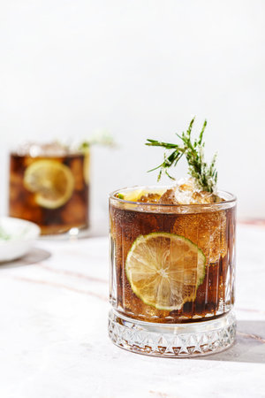 whiskey and coke, garnished with lime and sugar rosemary. High quality photoの写真素材