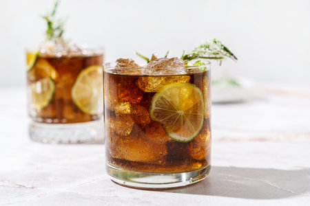 whiskey and coke, garnished with lime and sugar rosemary. High quality photoの写真素材
