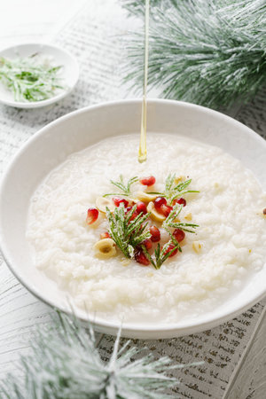 rice porridge with honey and pomegranate. High quality photo