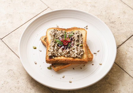 toast with chicken pate and cranberries on a beige background. High quality photoの写真素材