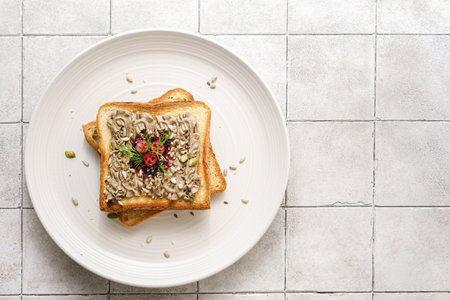 toast with chicken pate and cranberries on a grey background. High quality photoの写真素材