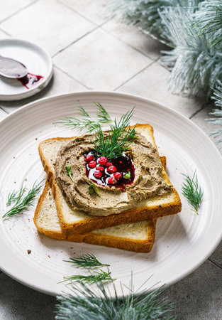 toast with chicken pate and lingonberry jam. High quality photoの写真素材