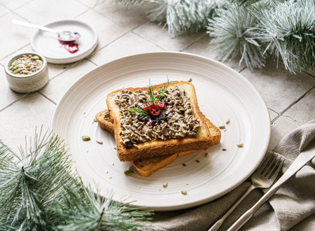 toast with chicken pate and cranberries on a grey background. High quality photoの写真素材