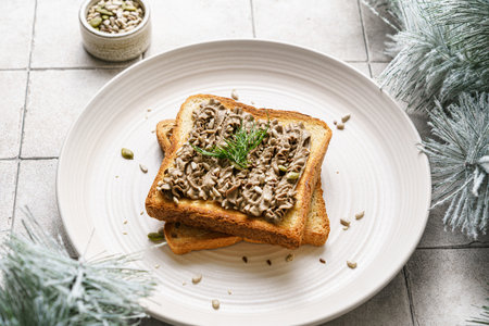 toast with chicken pate garnished with rosemary and seeds. High quality photoの写真素材