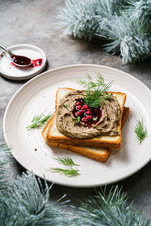 toast with chicken pate and lingonberry jam. High quality photoの写真素材