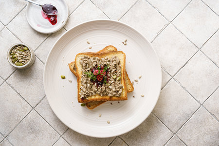 toast with chicken pate and cranberries on a grey background. High quality photoの写真素材
