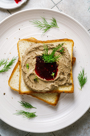 toast with chicken pate and lingonberry jam. High quality photo