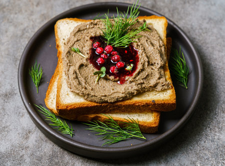 toast with chicken pate and lingonberry jam. High quality photoの写真素材