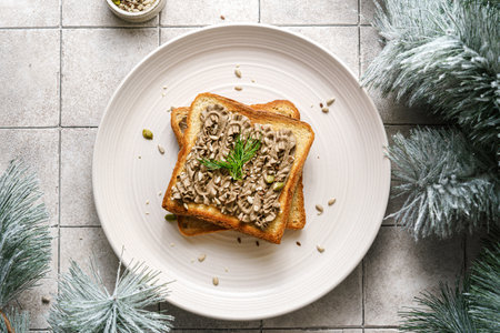 toast with chicken pate garnished with rosemary and seeds. High quality photoの写真素材