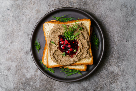 toast with chicken pate and lingonberry jam. High quality photoの写真素材