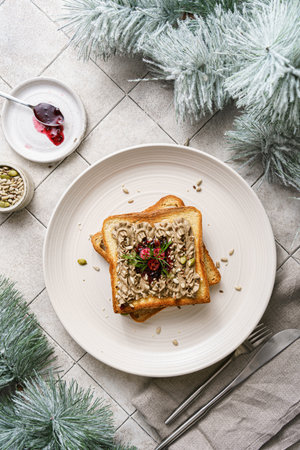 toast with chicken pate and cranberries on a grey background. High quality photoの写真素材