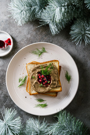 toast with chicken pate and lingonberry jam. High quality photoの写真素材
