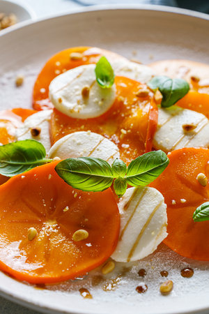 caprese salad with persimmon and mozzarella. High quality photoの写真素材