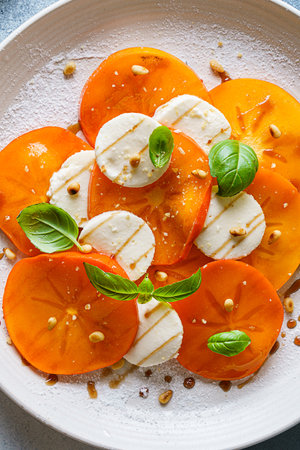 caprese salad with persimmon and mozzarella. High quality photoの写真素材