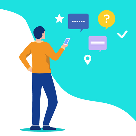 social media on mobile device, virtual relationships, online dating and social networking concept - young man with phone and headphones chatting on the Internet. Vector flat illustration.のイラスト素材