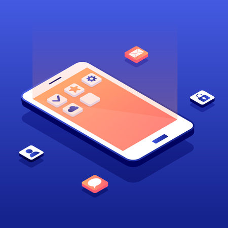 Mobile app development concept. White phone with applications icons on gradient touch screnn. Social network isometric landing page. Software API prototyping and testing backgroundのイラスト素材