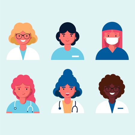 Avatars characters doctor and nurses set. Medical staff icons of faces on a blue background. Therapist, surgeon, nurse, gynecologist in uniform. Online healthcare. Flat vector illustrationのイラスト素材