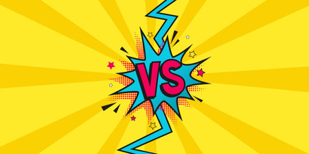 Versus comic banner. Vs comics book on halftone background vector template. Comic magazine cartoon poster, vs frame. Versus lightning ray border, comic fighting duel and fight confrontation stickerのイラスト素材