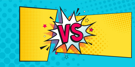 Versus comic banner. Vs comics book on halftone background vector template. Comic magazine cartoon...