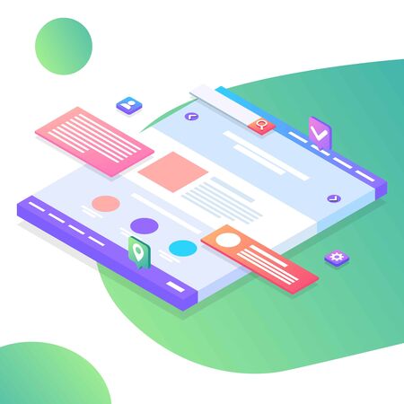 Seo optimization web page template. Isometric Web interface. Colorful website illustration. Modern Landing page concept. Page design for site and mobile development.のイラスト素材