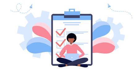fill out form, for web banners, infographics, websites. Concept done job, checklist, long paper document to do list with checkboxes. Freelancer working, life work balance, time managementのイラスト素材