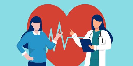 Doctor cardiologist talking with patient. medical exam, checkup or consultation concept, world heart day banner. Healthcare services, Ask a doctor. Therapist in uniform with stethoscope.のイラスト素材