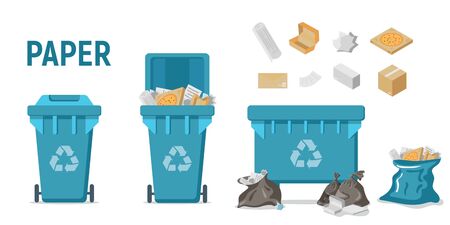 Blue recycle garbage bin for paper set. For banner, flyer. Separation of waste cans for recycling, reuse, reduce. Throw away the paper in correct trash can. Boxes, sheets, paper in rubbish bag.のイラスト素材
