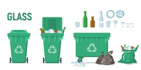 Green recycle garbage bin for glass set. For banner, flyer. Separation of waste cans for recycling, reuse, reduce. Throw away the glass in correct trash can. Bottles, plates, glassful, splintersのイラスト素材