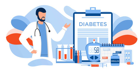 Medicine diabetes type 2 concept. Glucometer for measuring sugar level. Blood glucose meter, pills, syringe and vial, insulin production. Doctor with laboratory test equipment. Vector banner templateのイラスト素材