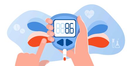 Glucometer web banner, flyer, post. Checking blood sugar level at home and test stripe. Diabetes concept with glucose monitor. Control and diagnostics Insulin problem awareness. Flat vectorのイラスト素材