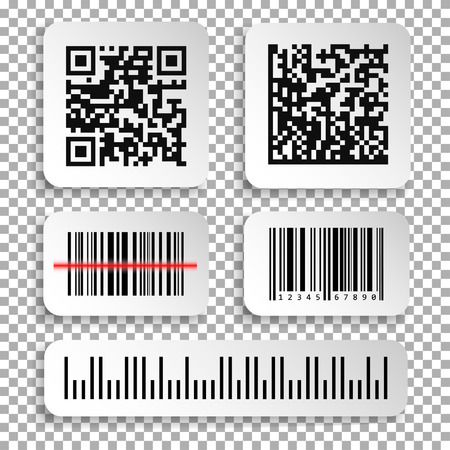 Set of realistic barcode and qr code black icon. Barcode label set sticker. Vector illustration isolated on transparent background.のイラスト素材