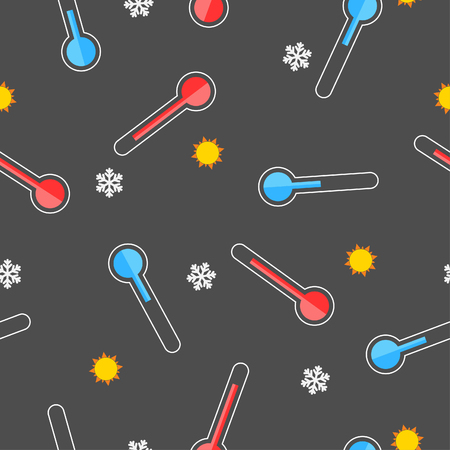 Seamless vector pattern of meteorology thermometers on dark background. Measuring hot and cold temperature. Snowflake, sun icons. Design for web page backgrounds, fabric, wallpaper, textile and decorのイラスト素材