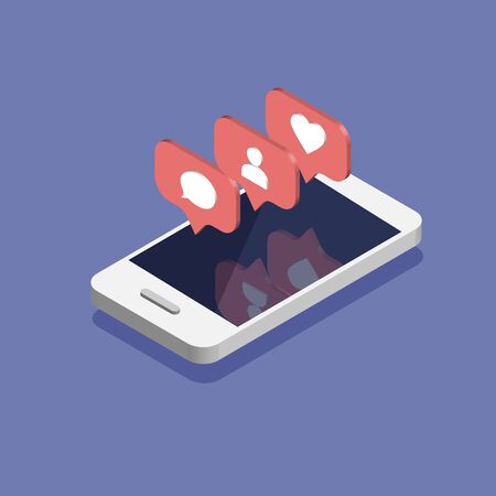Smartphone with social media notifications icon in trendy isometric style. Push notification with likes. Vector illustration isolated on color background.のイラスト素材