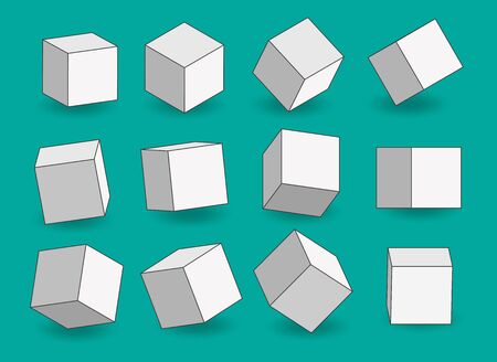 Set of white vector cartoon 3d cubes. Cube outline icons in a perspective. Geometric blocks with shadow. Vector illustration isolated on tranparent background.のイラスト素材