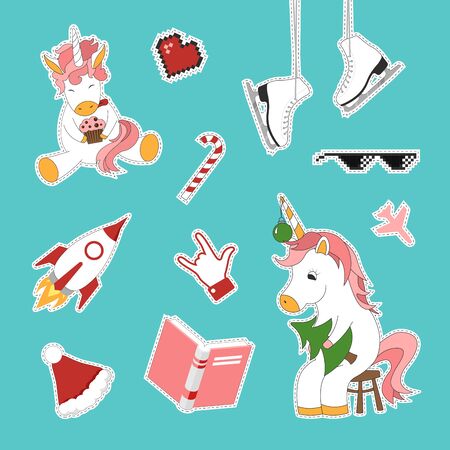 Set of cute colorful patch isolated on blue background. Vector modern stickers, pins and badges. Cartoon sticky winter and summer collection.のイラスト素材