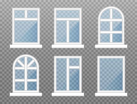 Set of isolated windows. Front store window frame with blue glasses. Exterior building facade element on transparent background. Vector illustration.のイラスト素材