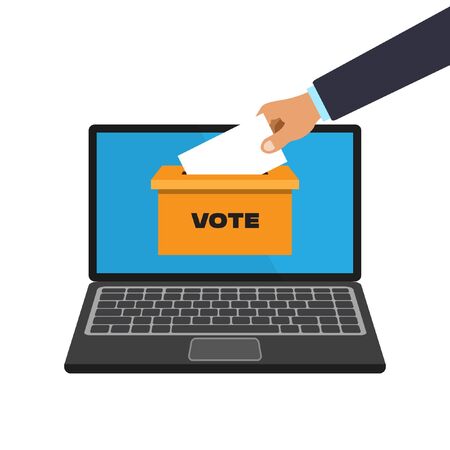 Voting online concept in a flat style. Businessman hand putting voting paper into ballot box that come out from laptop monitor. Vector illustration isolated on white backgroundのイラスト素材